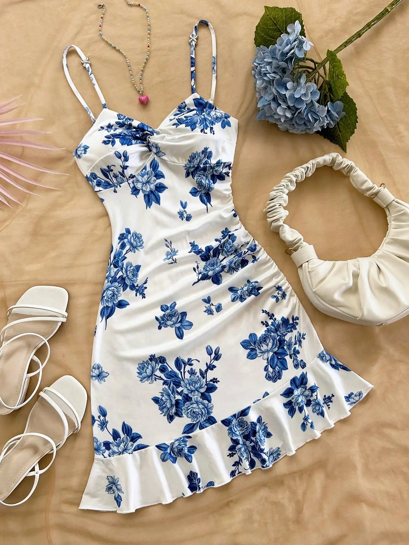 White Textured Knit Dress with Twist Bust and Ruffle Hem, Fitted Silhouette for Summer Vacations and Casual Outings