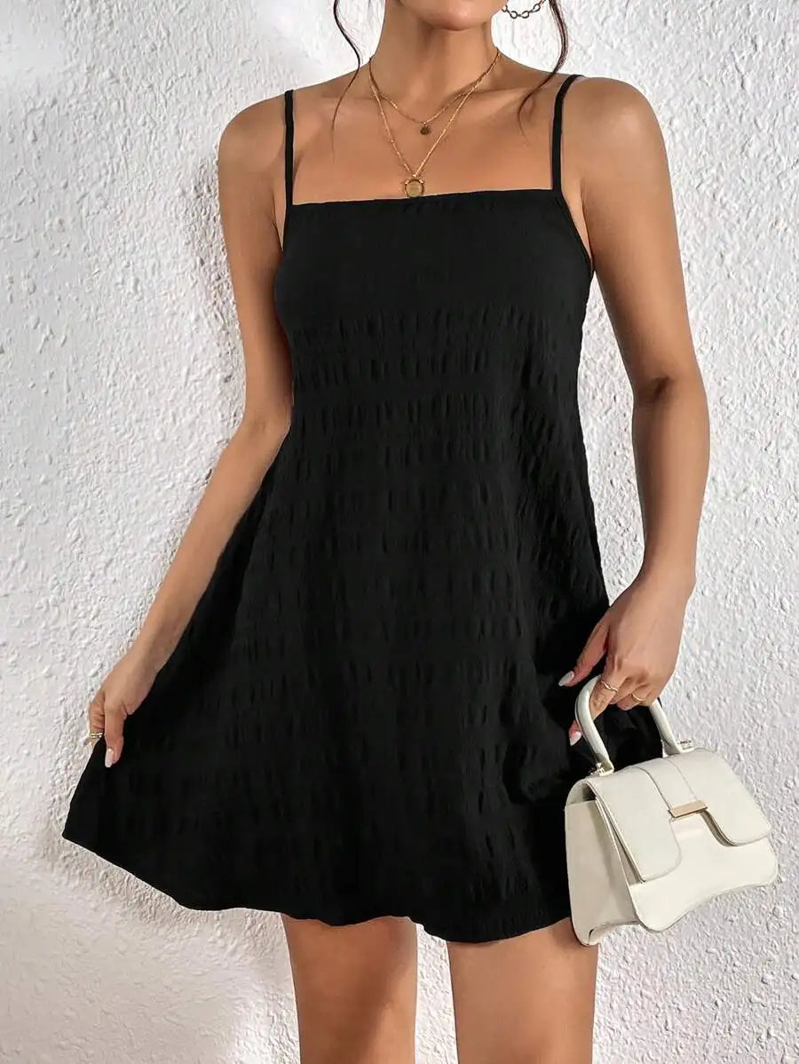 Black Smocked Square Neck Sleeveless A-Line Dress Summer Casual