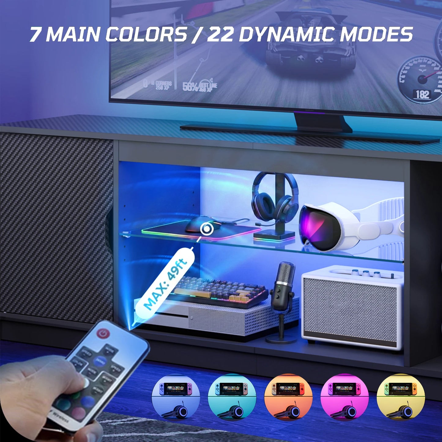 NOST&HOST 57" LED TV Stand for 55/60/65 Inch TVs - Gaming Entertainment Center with RGB Lights, Adjustable Glass Shelves & Cabinet for PS5