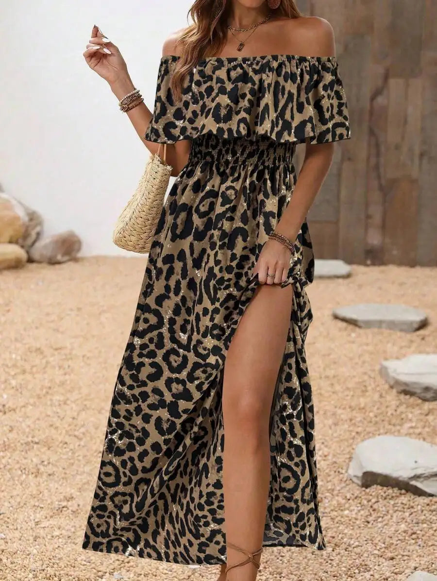 Off-Shoulder Ruffled Sleeve Floral Maxi Dress with High Slit for Beach Vacation