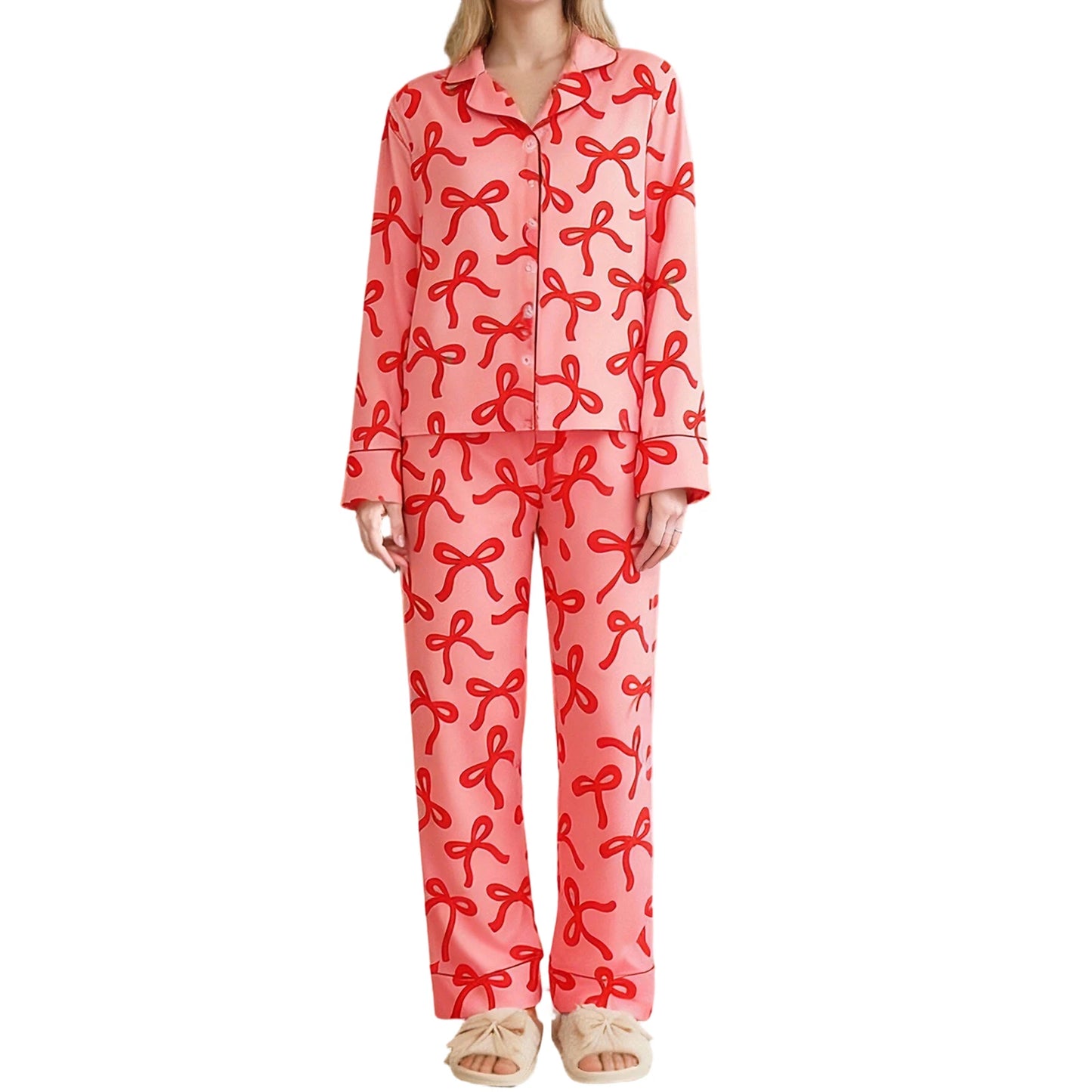 Women s 2-Piece Pajama Set featuring Long Sleeve Lapel V Neck Top with Bow Print and Button Down Detail paired with Elastic