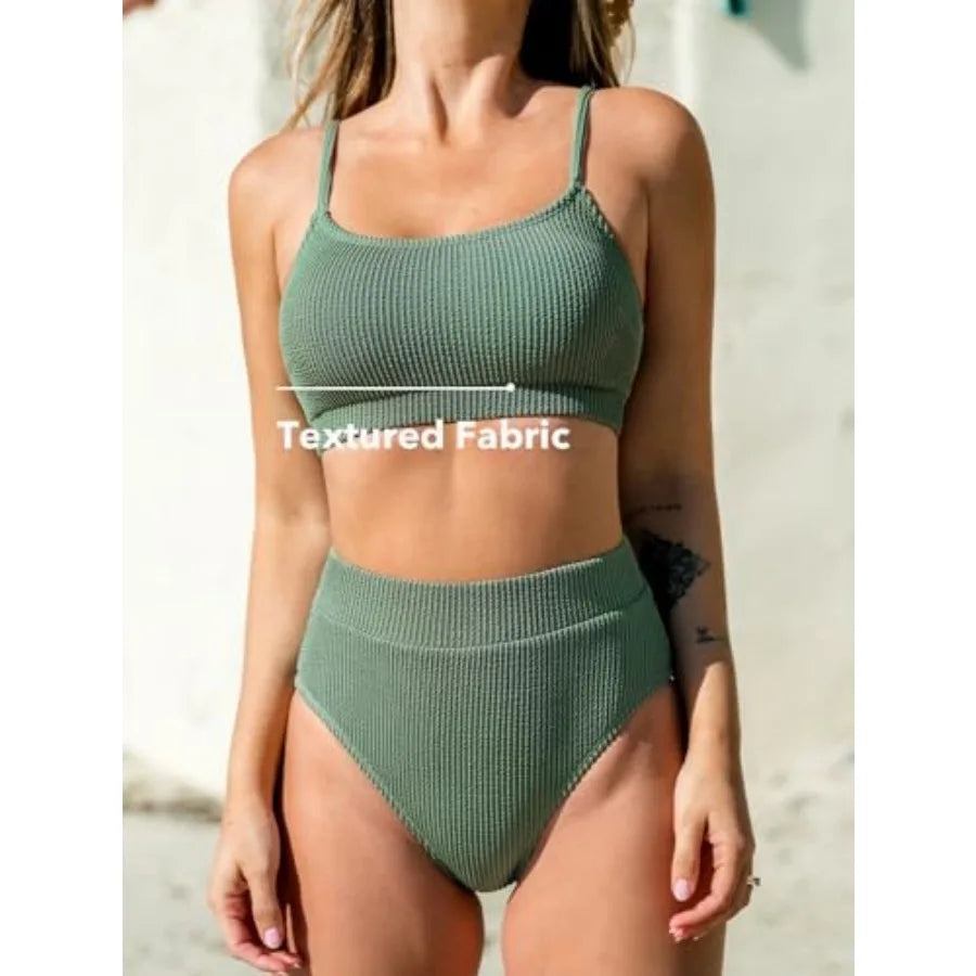 CUPSHE Women's Bikini Set Two Pcs Swimsuits High Waisted Scoop Neck Spaghetti Adjustable Straps Textured