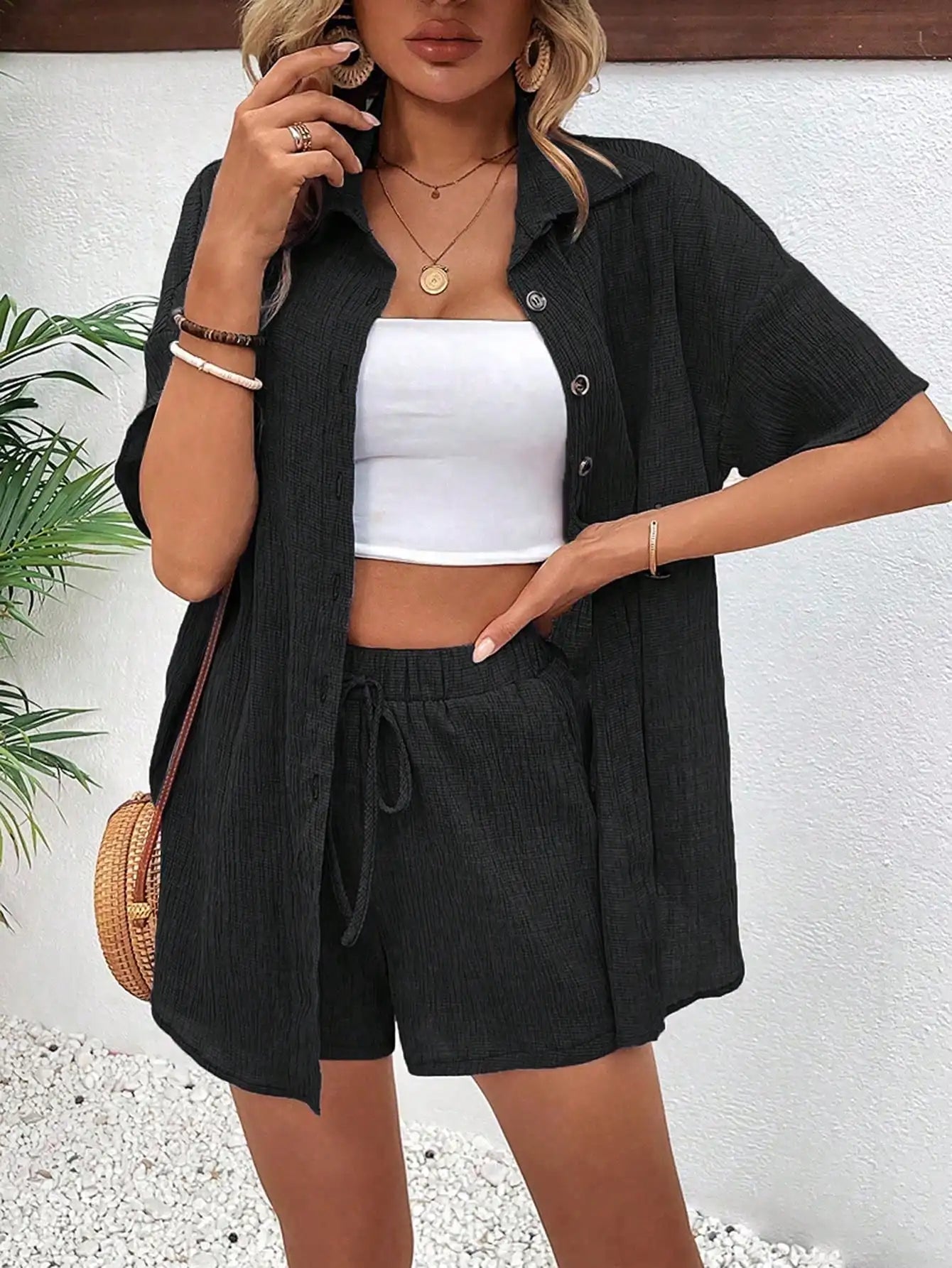 Women's Front Button Collar Short Sleeve Blouse And Tie Waist Shorts Set