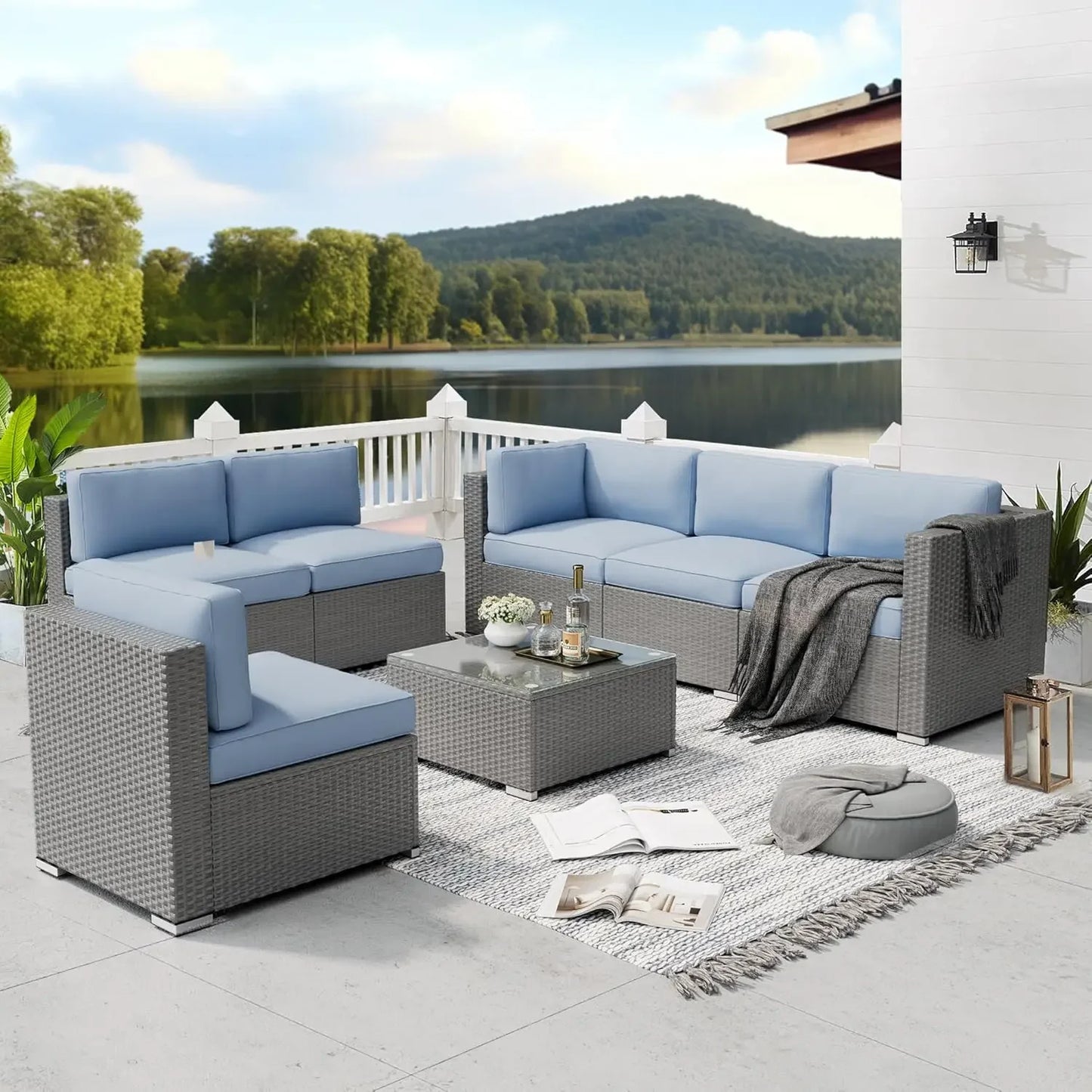 Outdoor Patio Furniture Sectional Sofa Set With Coffee Table Modern Wicker