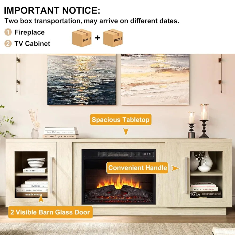 Customized 80 Inch TV Stand with Electric Fireplace, Antique White Entertainment Center Media Console, Barn Door Design with Sto