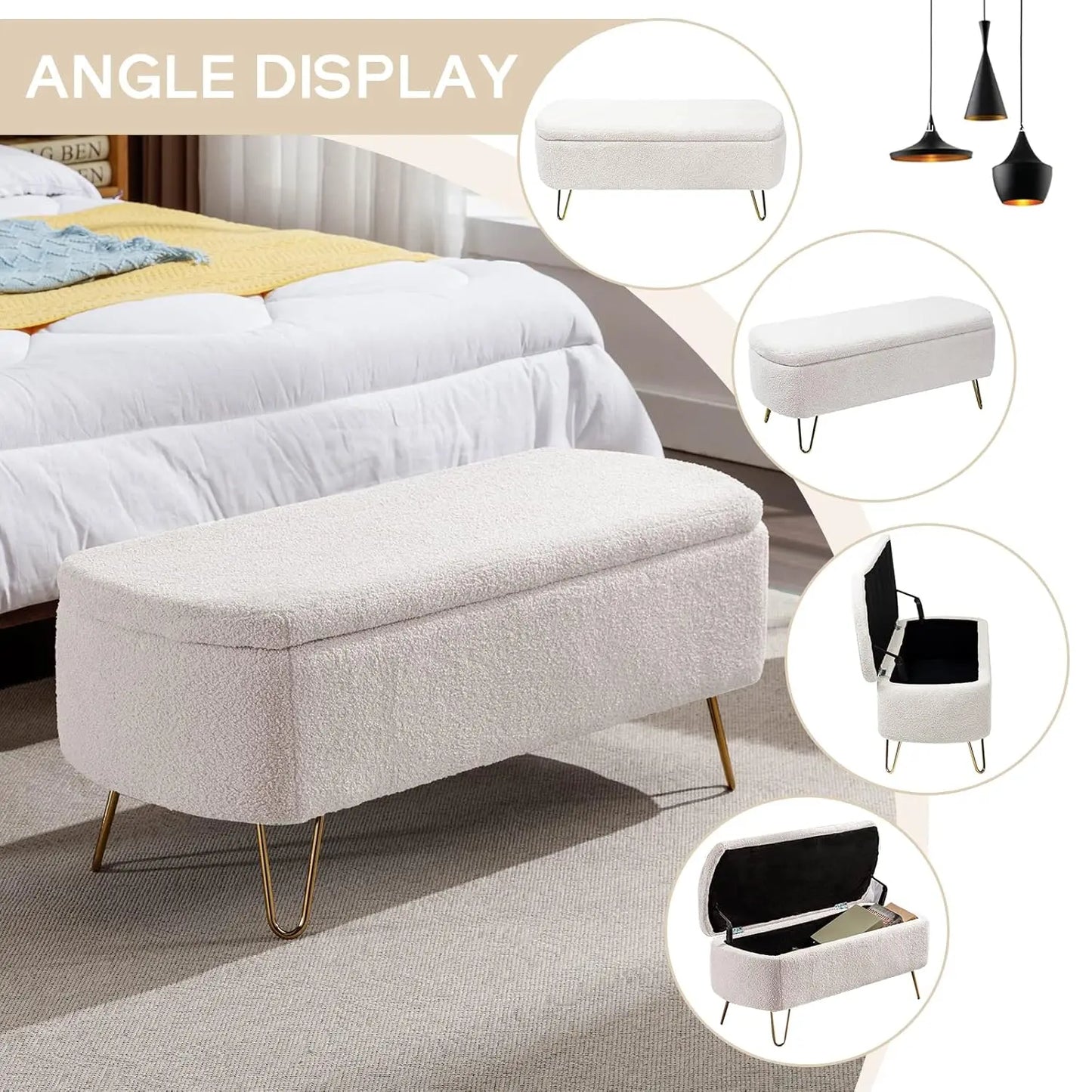 Modern Storage Ottoman Bench, Vintage Boucle Upholstered Entryway Bench, End of Bed Bench with Gold Legs, Padded, Customized