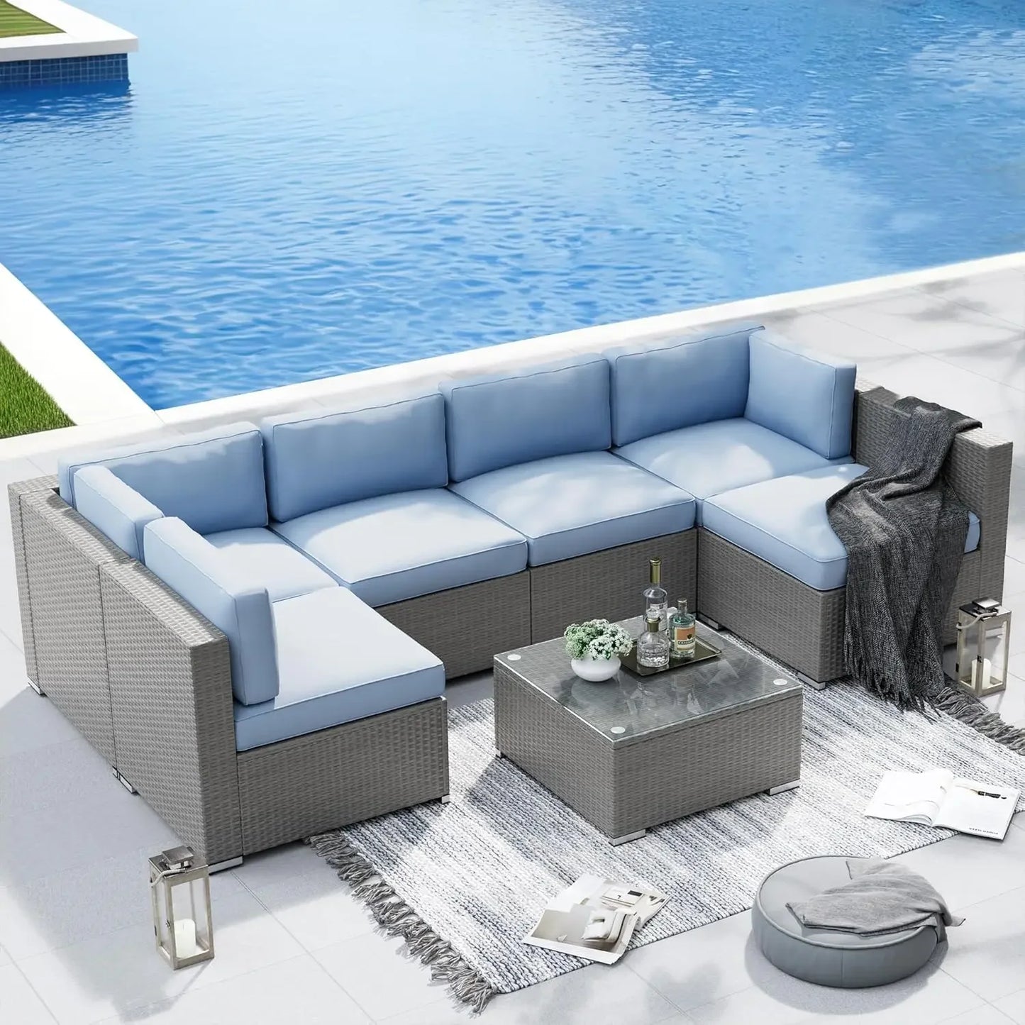 Outdoor 7 Piece Patio Furniture Set With Wicker Sectional Sofa And Coffee Table