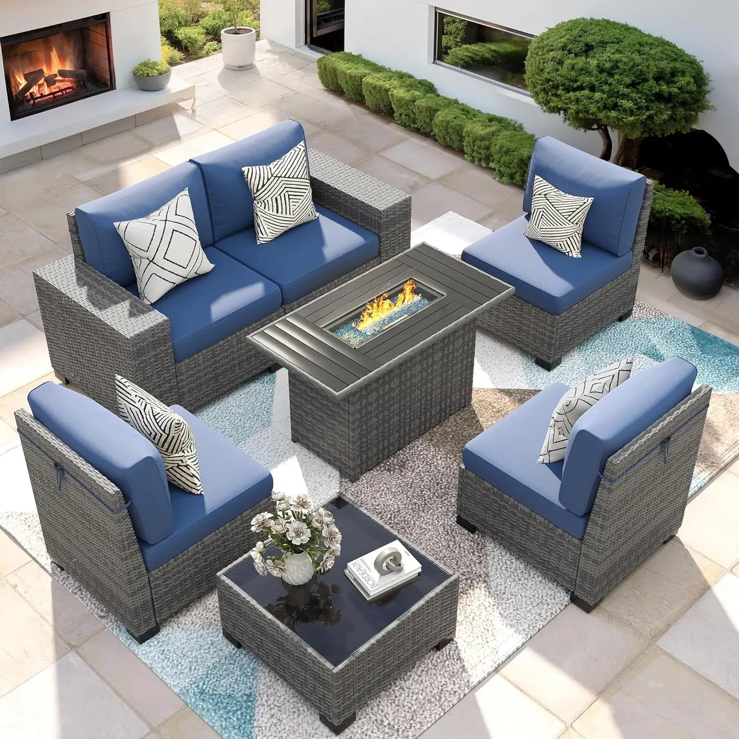 Patio Furniture Set with Fire Pit Table, 7 Piece Outdoor Sectional Conversation Sets Wicker Rattan Sectional Sofa, Customized