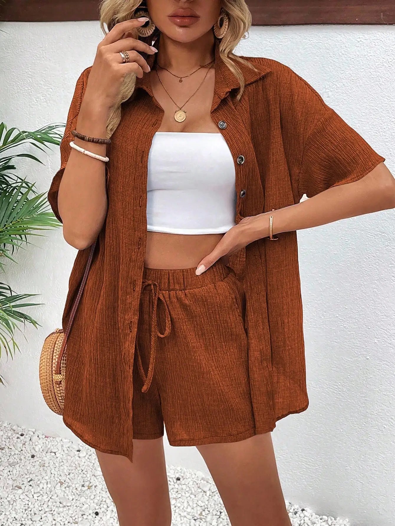 Women's Front Button Collar Short Sleeve Blouse And Tie Waist Shorts Set