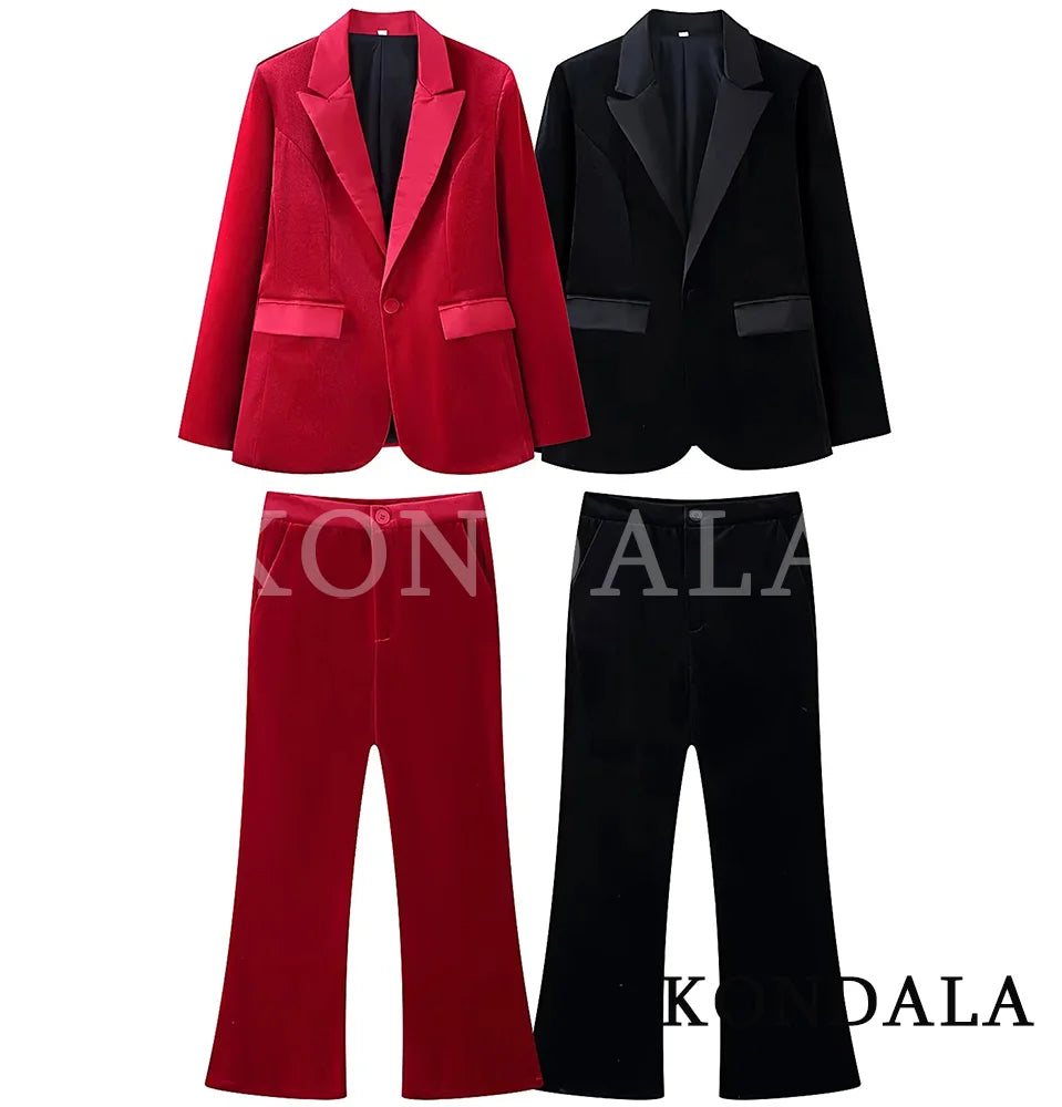 KONDALA Velvet Office Blazer Set For Women Notched Lapel With Pants