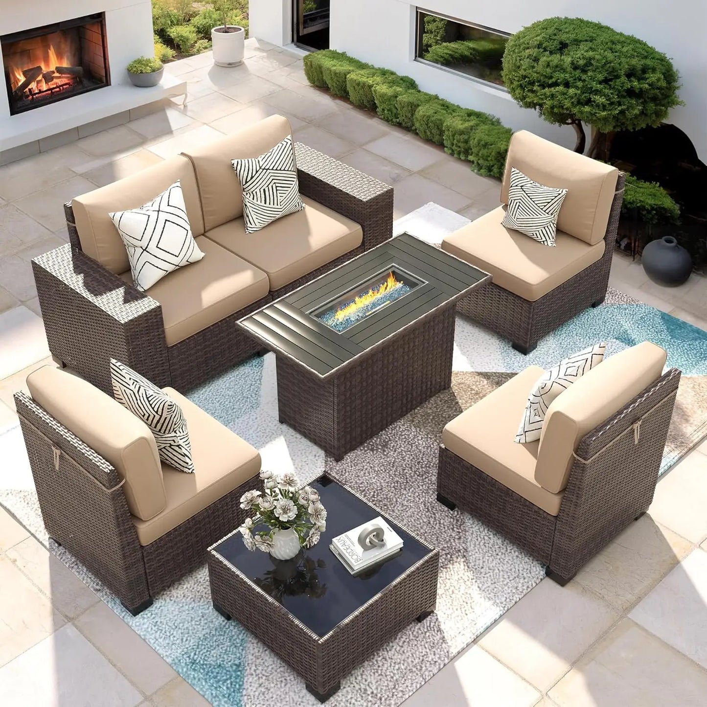 Patio Furniture Set with Fire Pit Table, 7 Piece Outdoor Sectional Conversation Sets Wicker Rattan Sectional Sofa, Customized