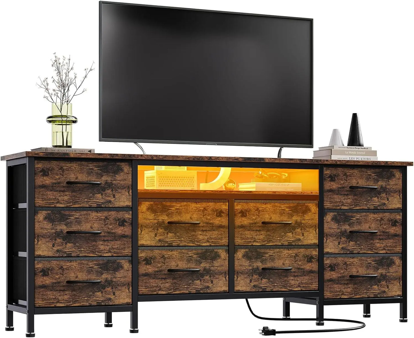 TV Stand for 65/70/75" TV, 10 Drawer Dresser with Power Outlets and LED Lights, Entertainment Center TV Stand Storage Drawers