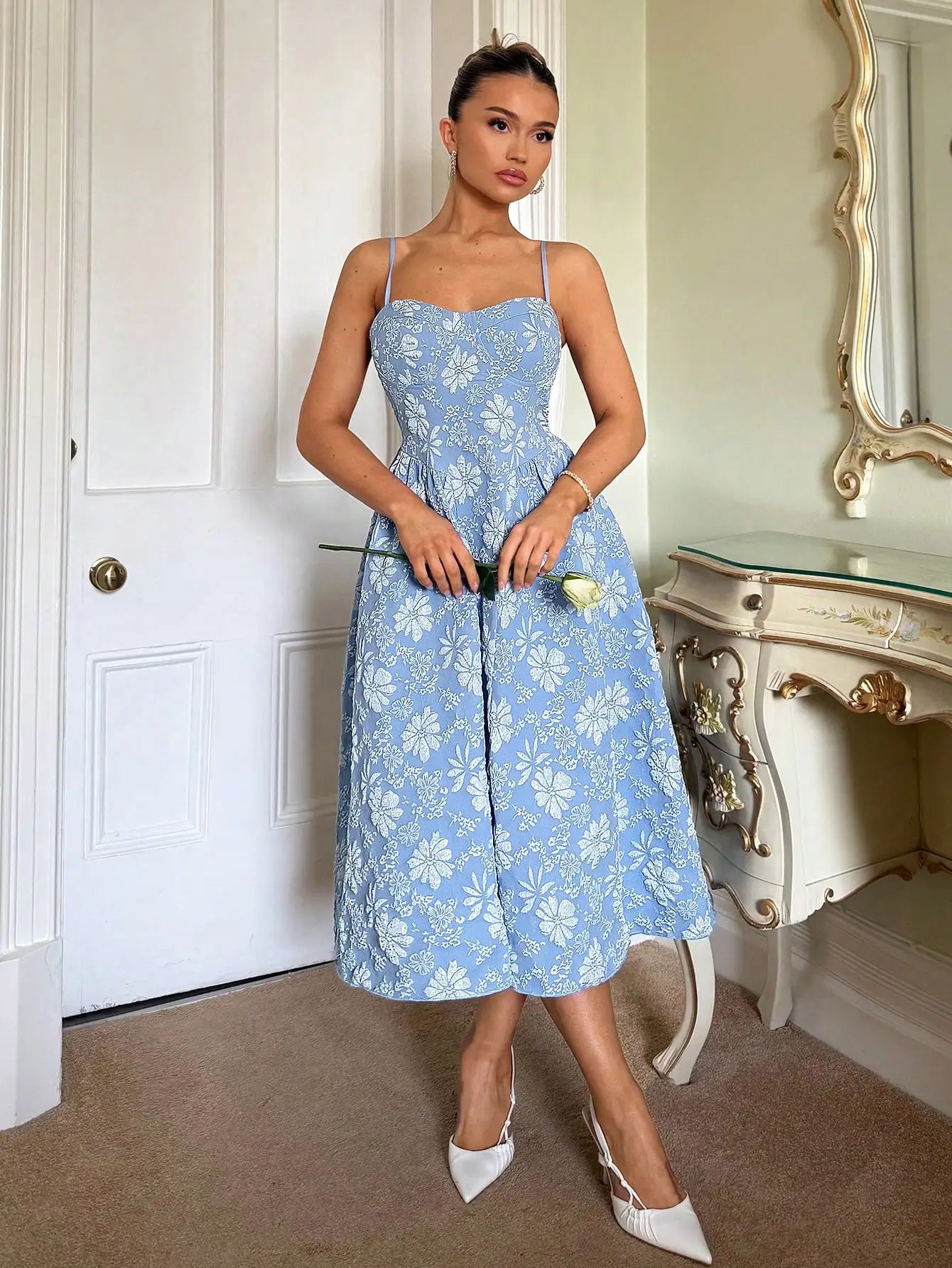 Glamine Charm Glamine Blue Elegant Sexy Spaghetti Strap Backless Jacquard Long Dress, Flared Skirt For Women,Summer