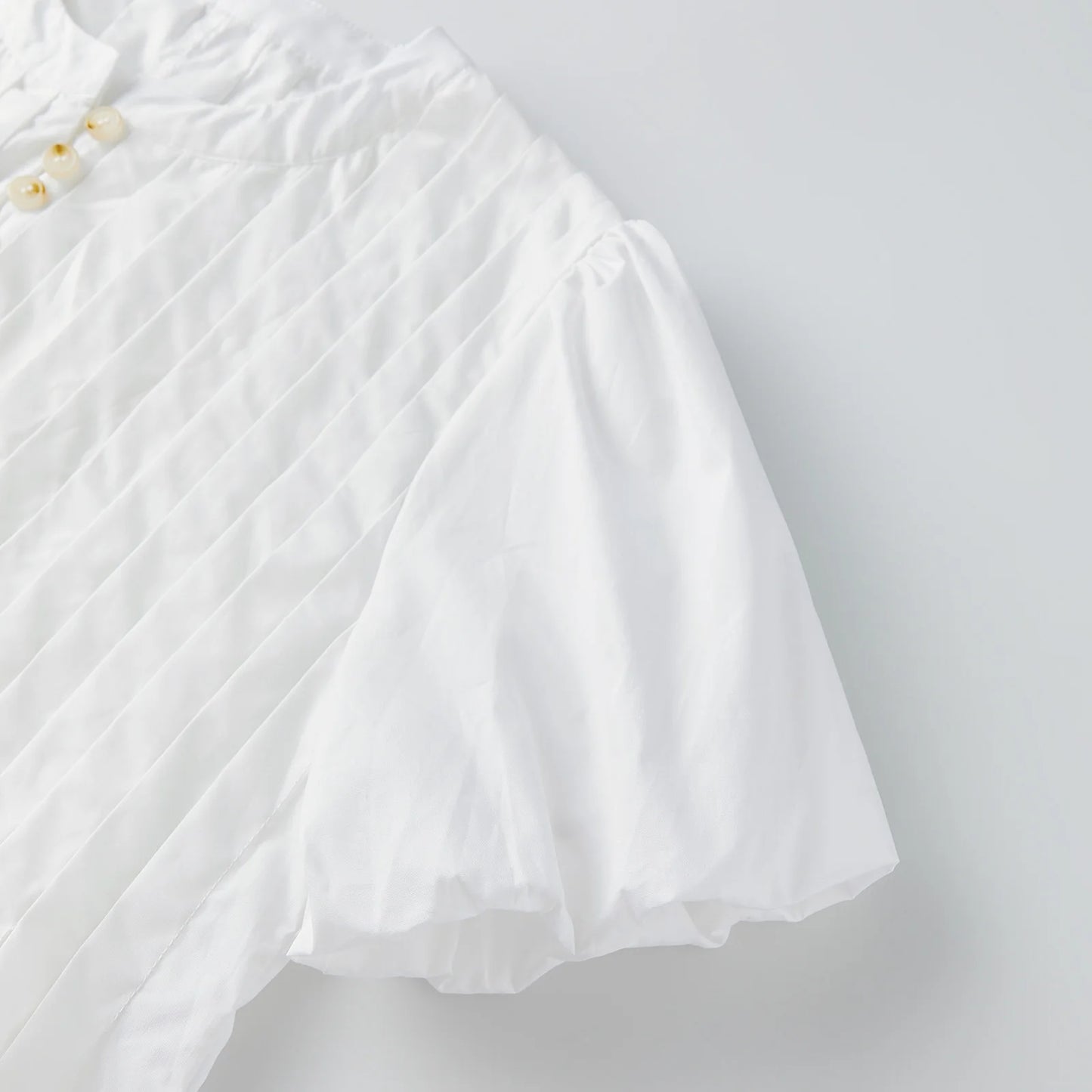 Ladies Stylish Pleated Ruffle Blouses for Summer - Chic Solid Color Bubble Sleeves with Button Down Detailing Trendy Tops for