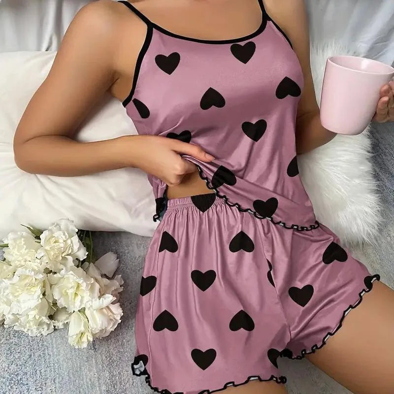 Ice Silk Pajamas for Women, Cute Heart Print Short Sleeve Sleepwear Set, Cool & Breathable Summer PJs