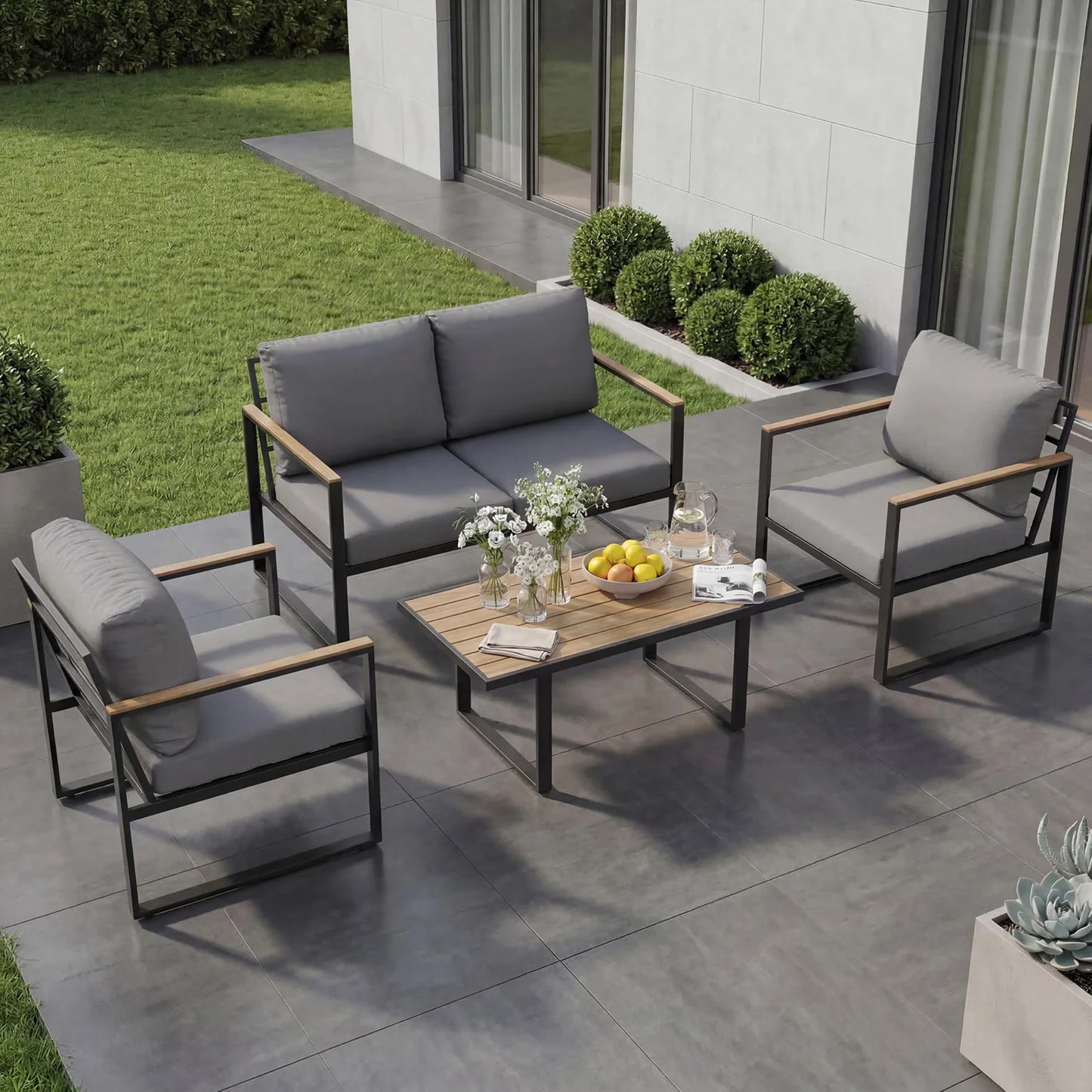 HobbyLane Modern Four Piece Outdoor Sectional Sofa Set Coffee Table
