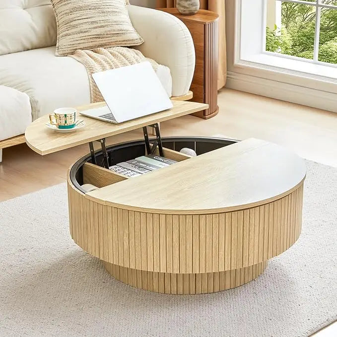 31.5" Round Coffee Table with Storage, Mid Century Modern Coffee Tables with Fluted Base, Wooden Circle Accent Center Table