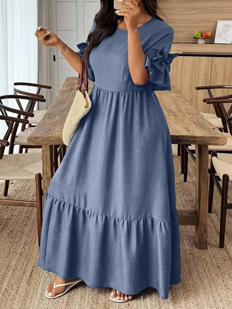Navy Blue Solid Round Neck Ruffle Sleeve Maxi Dress with Tiered Skirt