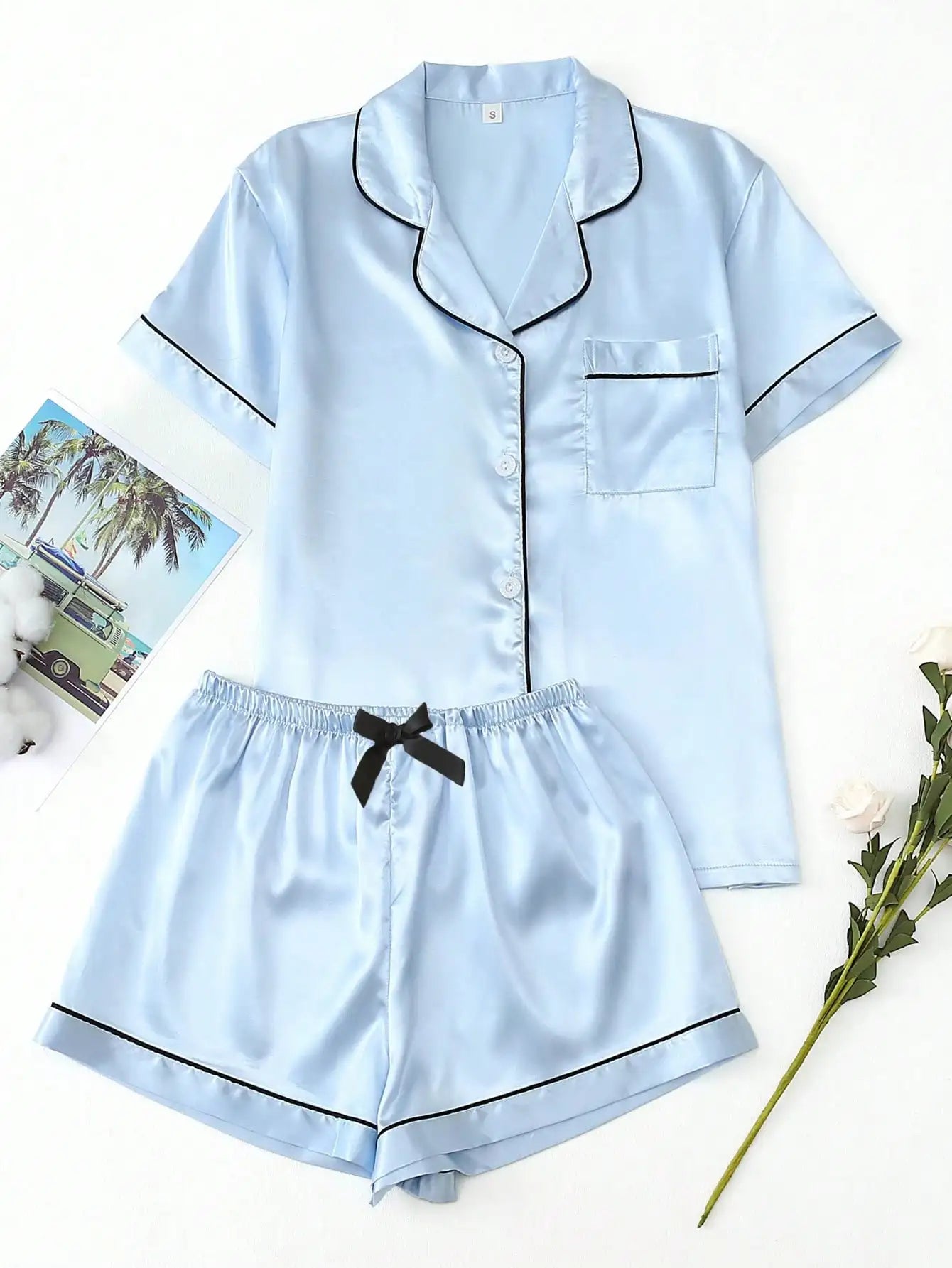Teal Satin Pajama Set with White Trim, Short Sleeve Button-Up Top and Bowknot Shorts