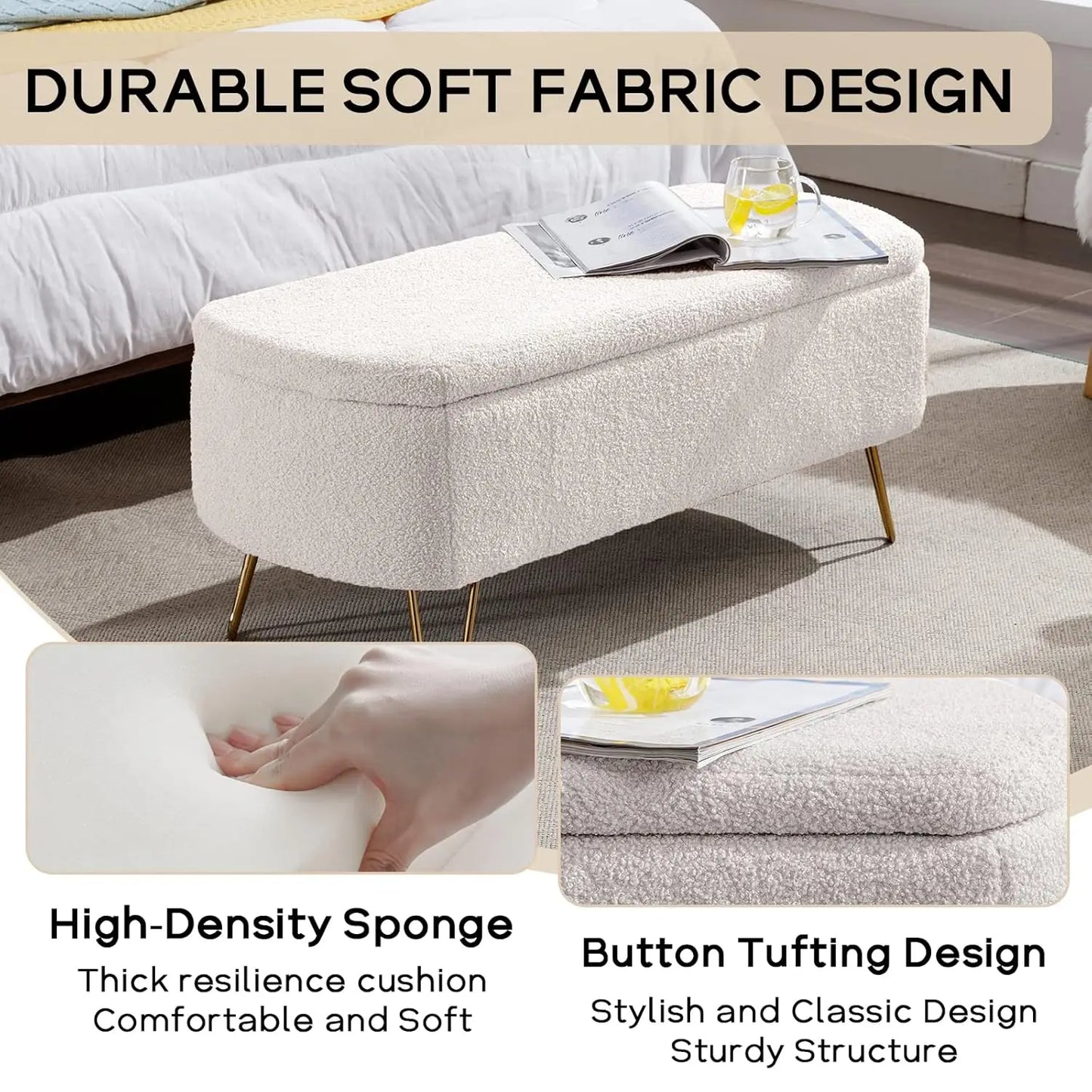 Modern Storage Ottoman Bench, Vintage Boucle Upholstered Entryway Bench, End of Bed Bench with Gold Legs, Padded, Customized