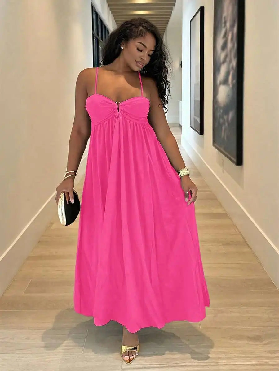 Black Pleated Sleeveless Maxi Dress with Ruched Bust, Boho Style for Summer Vacation