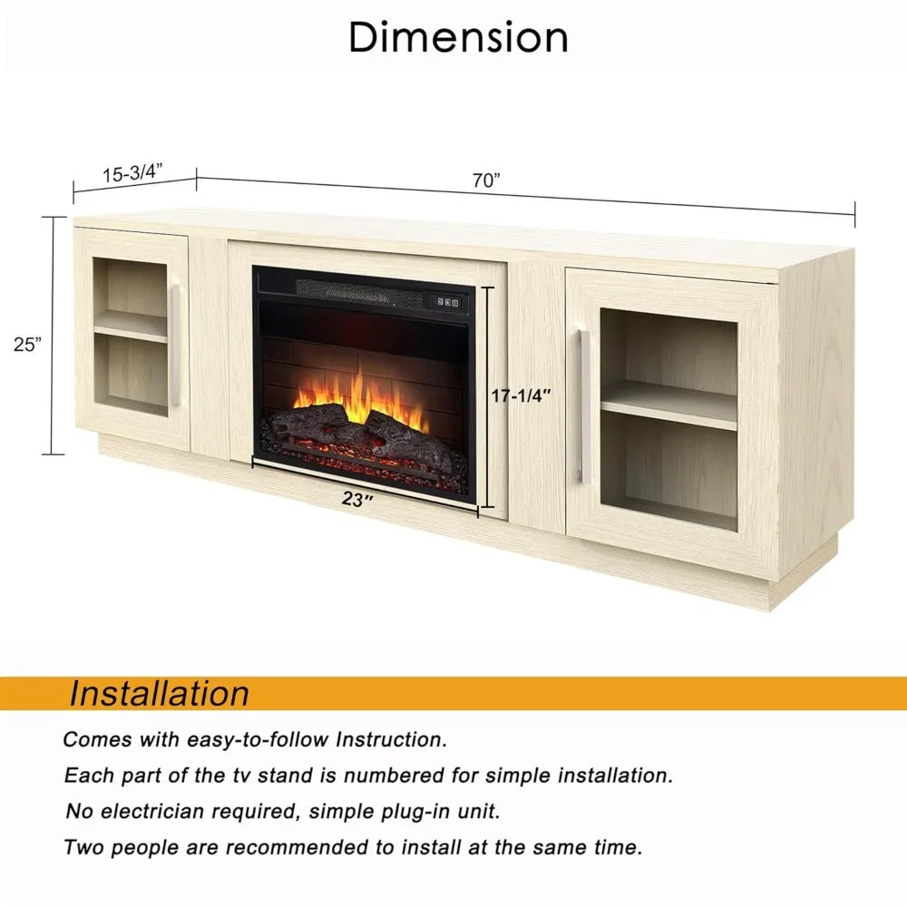 Customized 80 Inch TV Stand with Electric Fireplace, Antique White Entertainment Center Media Console, Barn Door Design with Sto