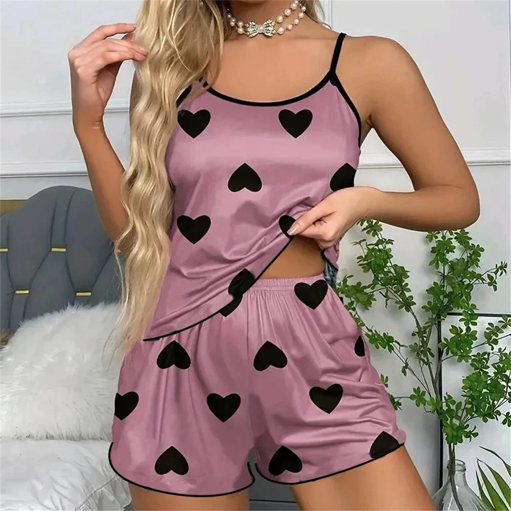 Ice Silk Pajamas for Women, Cute Heart Print Short Sleeve Sleepwear Set, Cool & Breathable Summer PJs