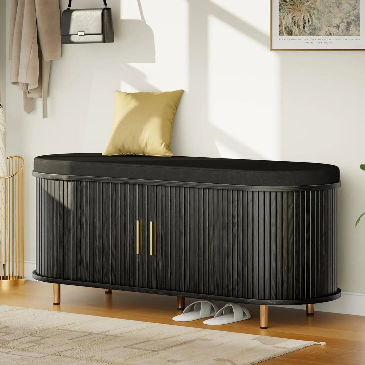 2-Tier Storage Bench, 43.3" Wide Shoe Bench with Thickened Padded Seat Cushion, Mid Century Modern Fluted Sliding, Customized