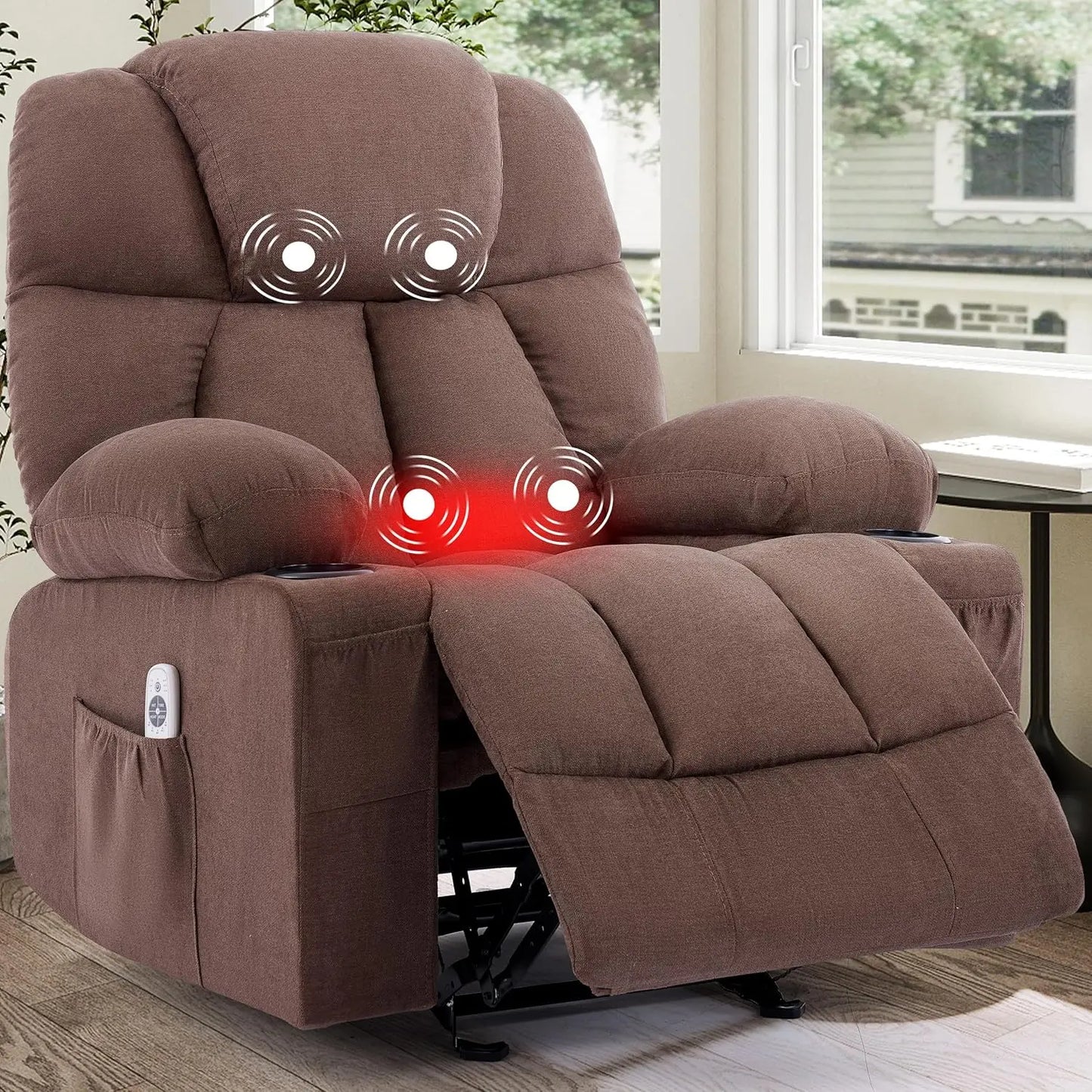 Massage Rocker Recliner Chair with Heat & Vibration Nursery Glider 4 Pockets 2 Cup Holders Fabric Beige, Customized