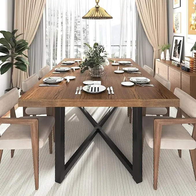 Farmhouse Solid Wood Dining Table With Durable Steel Legs