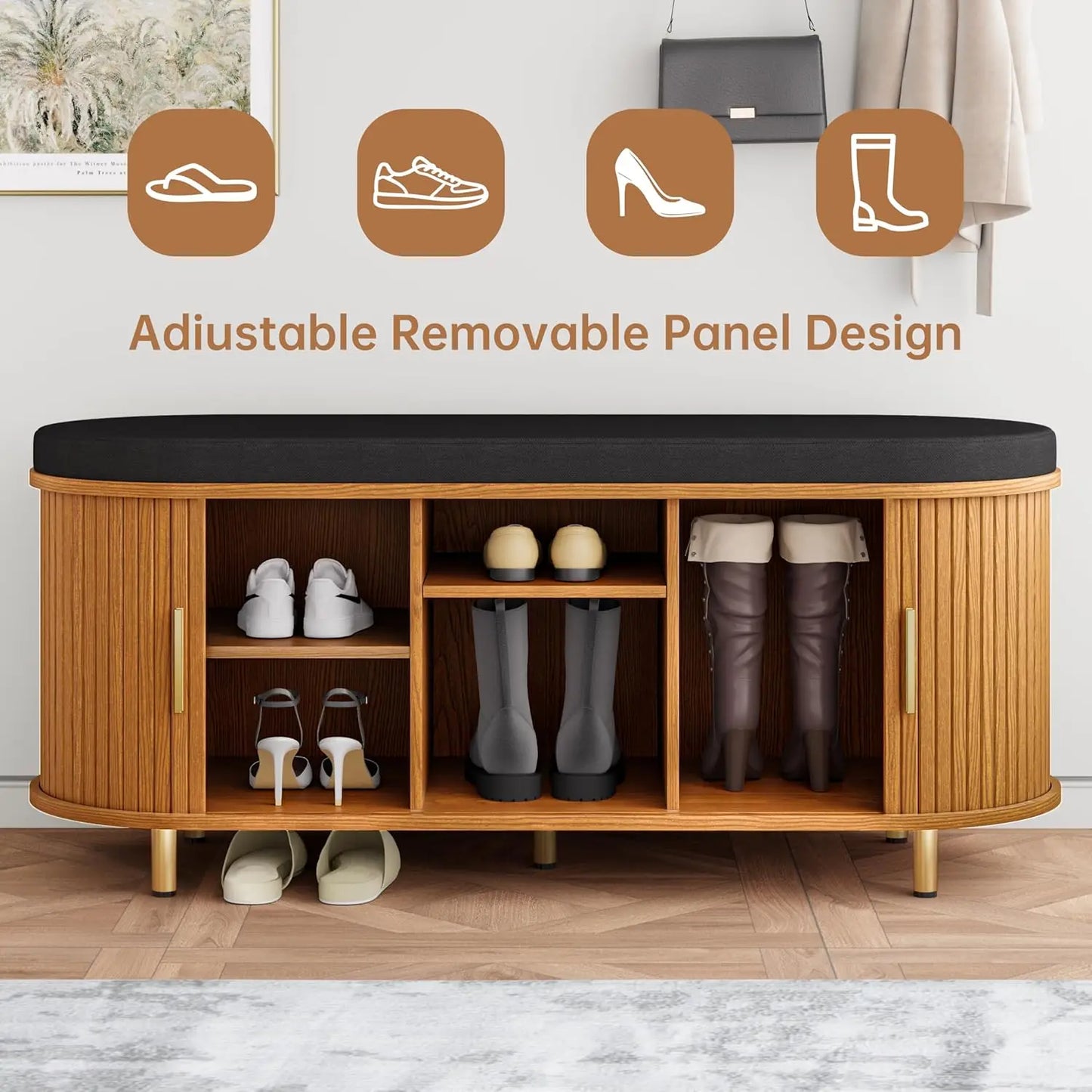 2-Tier Storage Bench, 43.3" Wide Shoe Bench with Thickened Padded Seat Cushion, Mid Century Modern Fluted Sliding, Customized