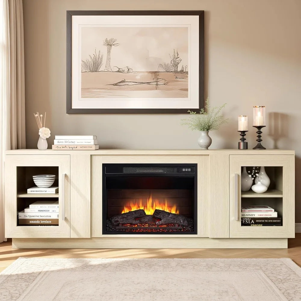 Customized 80 Inch TV Stand with Electric Fireplace, Antique White Entertainment Center Media Console, Barn Door Design with Sto