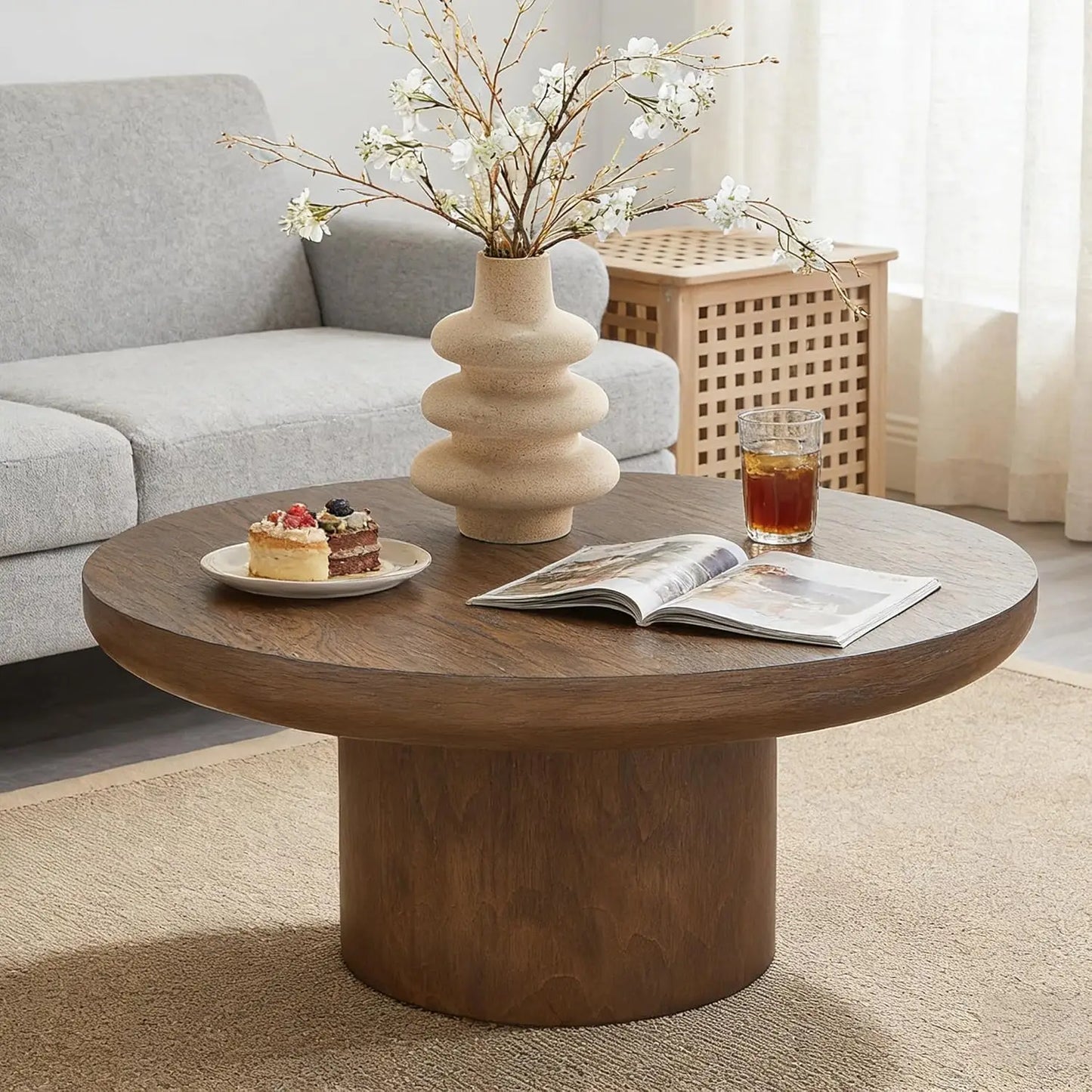35.98'' Wood Pedestal Coffee Tables for Living Room, Rustic Round Coffee Table Brown, Modern Circle Coffee Table, Customized