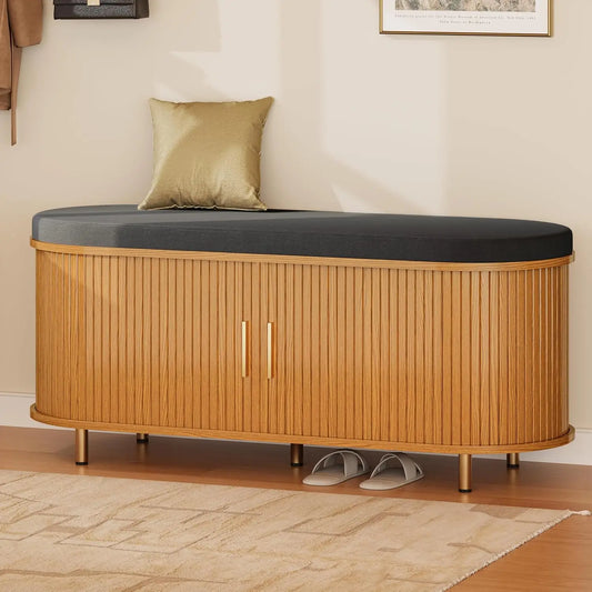 2-Tier Storage Bench, 43.3" Wide Shoe Bench with Thickened Padded Seat Cushion, Mid Century Modern Fluted Sliding, Customized