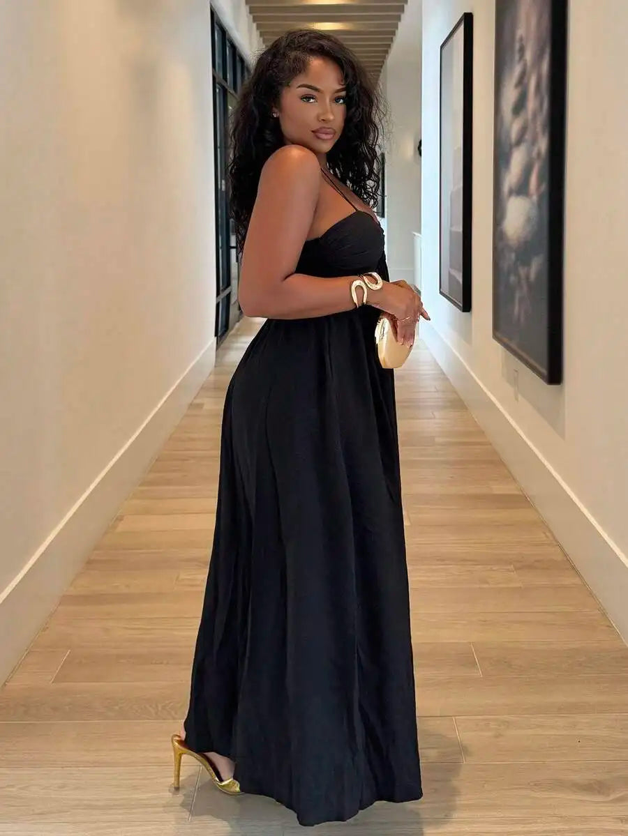 Black Pleated Sleeveless Maxi Dress with Ruched Bust, Boho Style for Summer Vacation