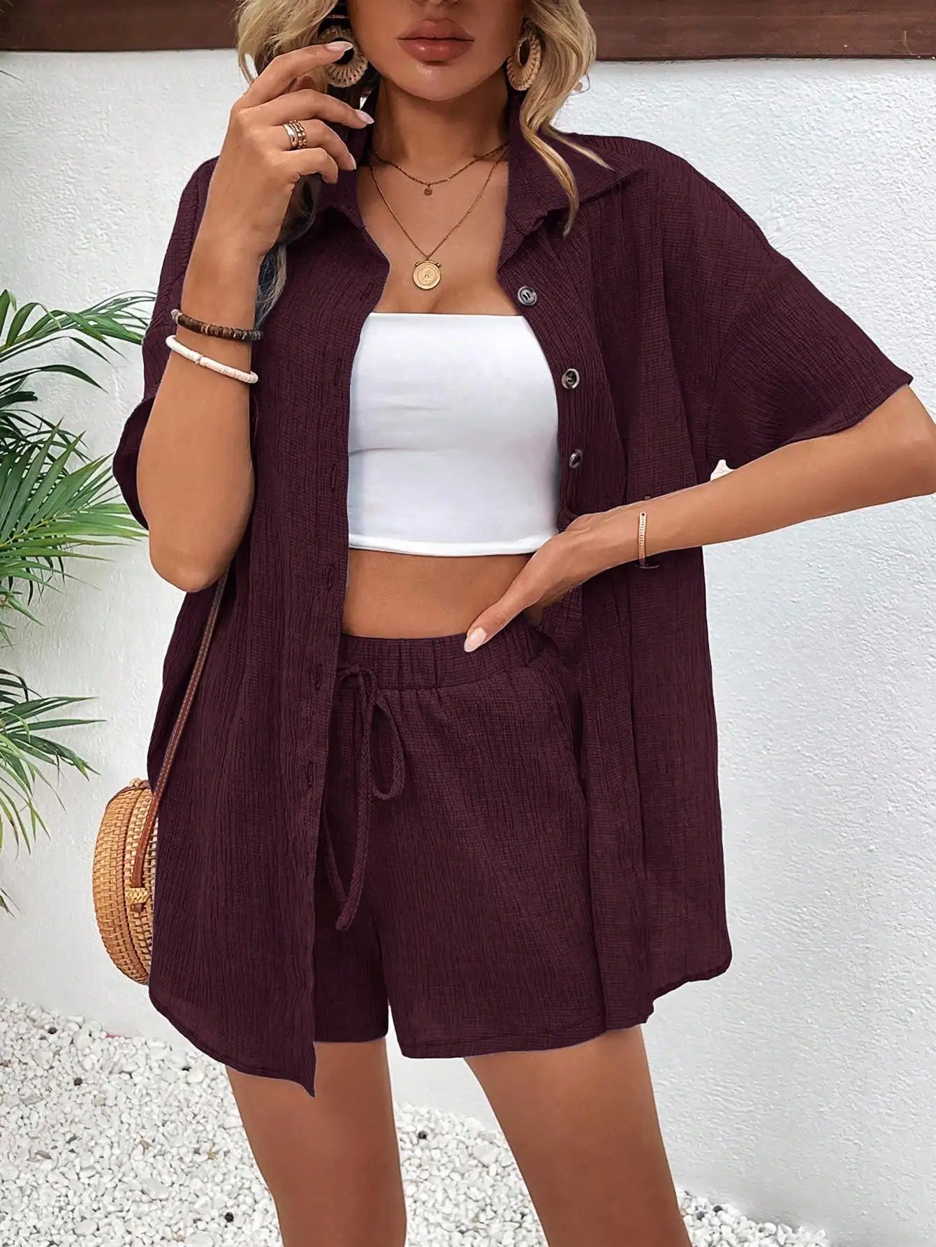 Women's Front Button Collar Short Sleeve Blouse And Tie Waist Shorts Set