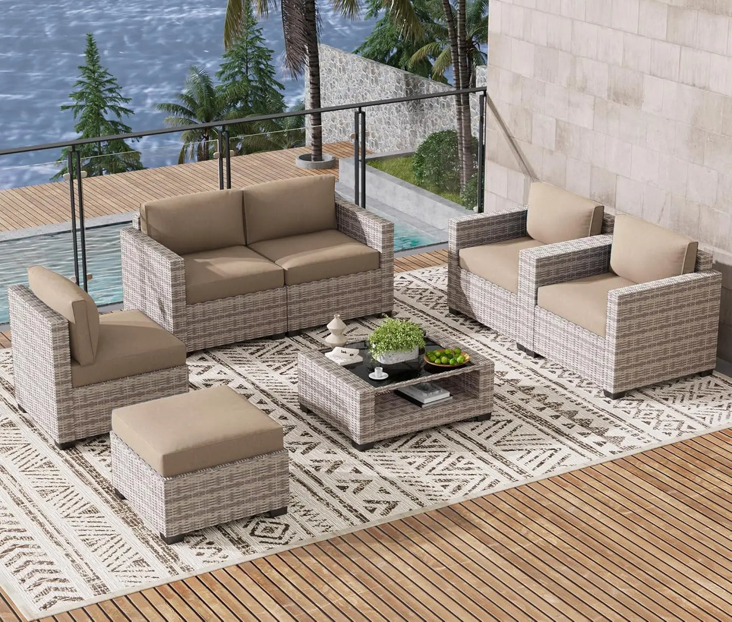 7 Piece Outdoor Patio Furniture Set, Rattan Chairs Glass Table Wicker Conversation Seating Sectional Sofa with Cushions, Custom