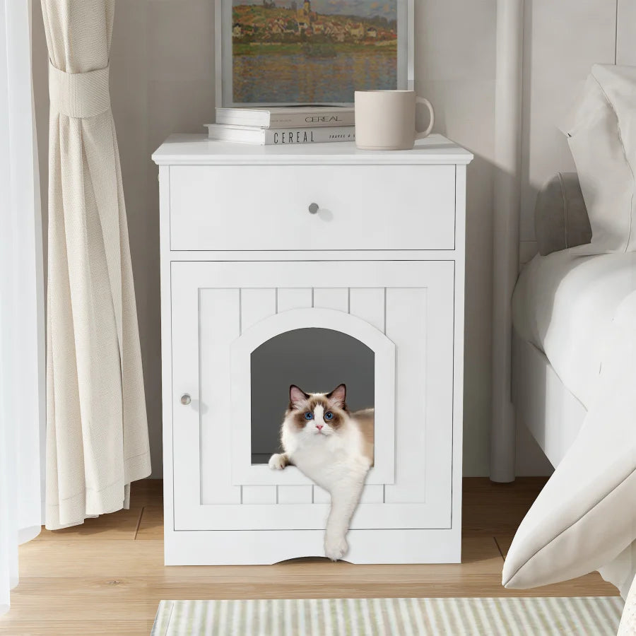 Wooden Pet House Cat Litter Box Enclosure with Drawer Side Table Indoor Pet Crate Cat Home Nightstand White