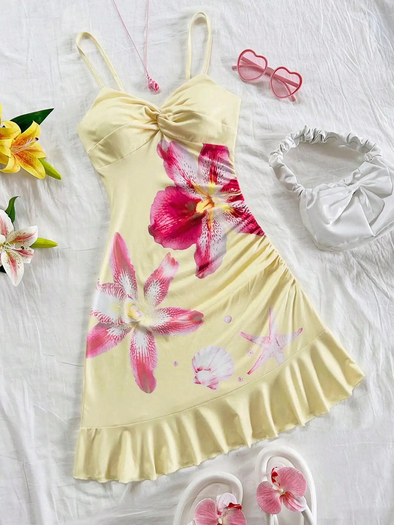 White Textured Knit Dress with Twist Bust and Ruffle Hem, Fitted Silhouette for Summer Vacations and Casual Outings