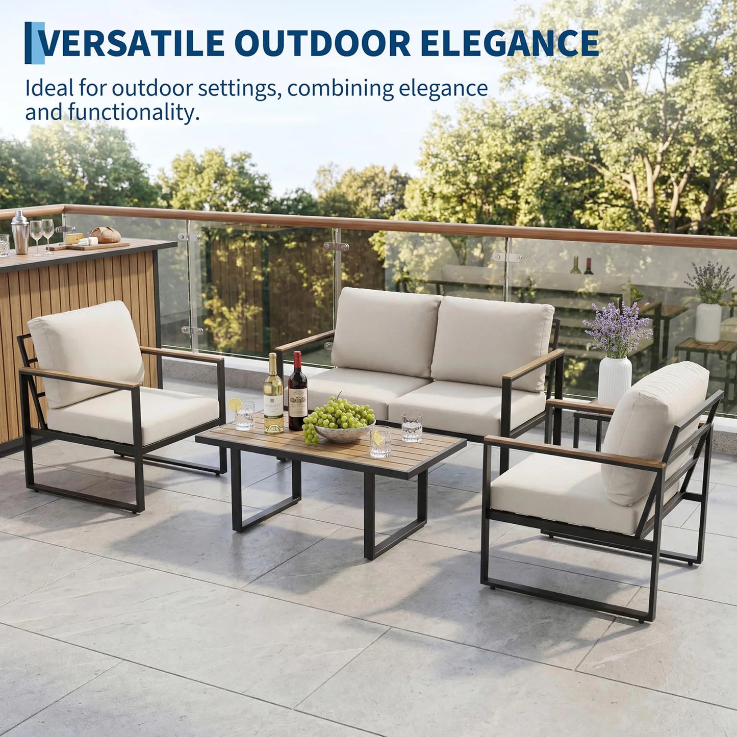 HobbyLane Modern Four Piece Outdoor Sectional Sofa Set Coffee Table