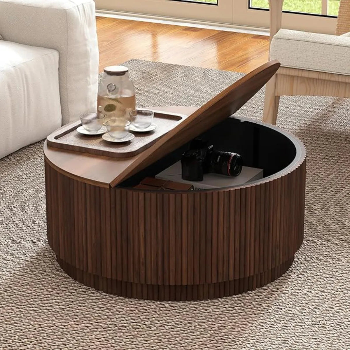 31.5" Round Coffee Table with Storage, Mid Century Modern Coffee Tables with Fluted Base, Wooden Circle Accent Center Table