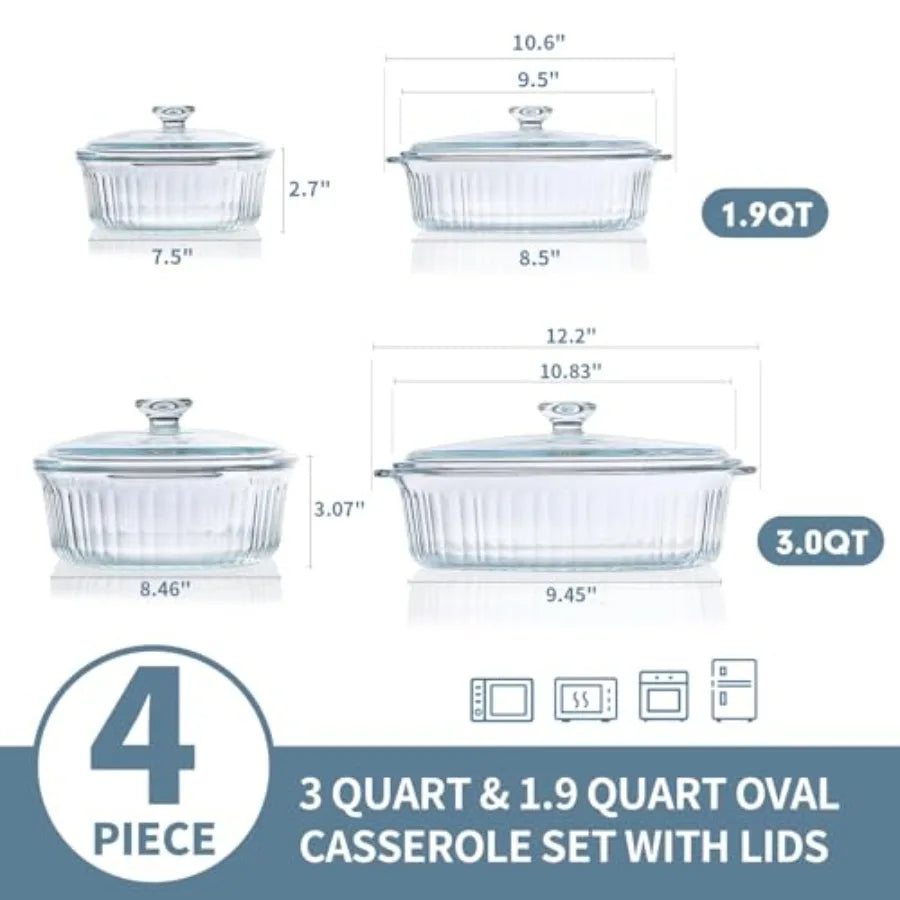 Glass Casserole Bakeware Set With Lids, Two Pans 1.9 Qt And 3 Qt