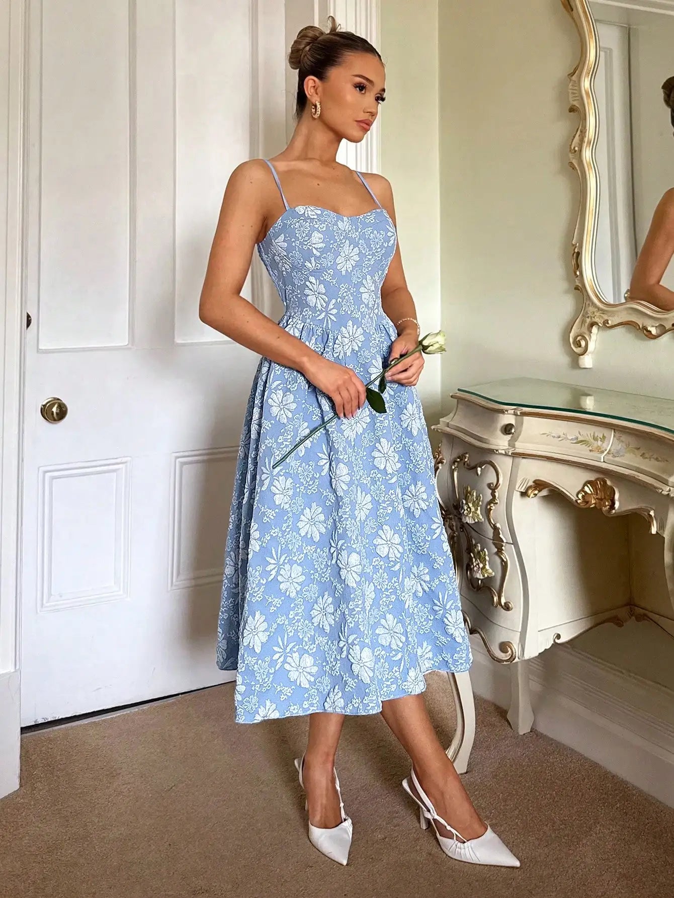 Glamine Charm Glamine Blue Elegant Sexy Spaghetti Strap Backless Jacquard Long Dress, Flared Skirt For Women,Summer