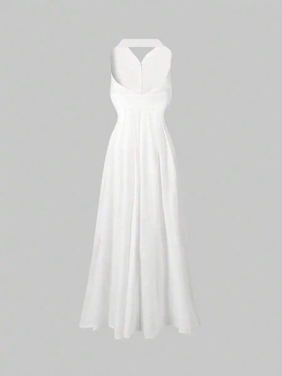 Elegant Halter Neck Maxi Dress White Linen Like For Casual Office Summer