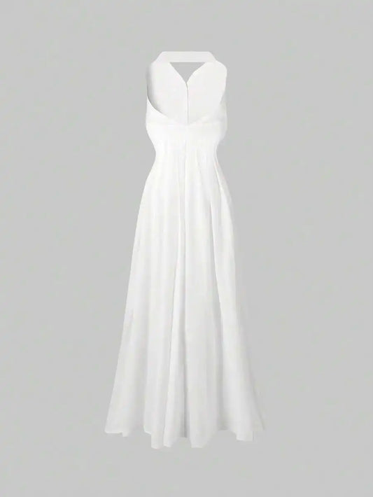 Elegant Halter Neck Maxi Dress White Linen Like For Casual Office Summer