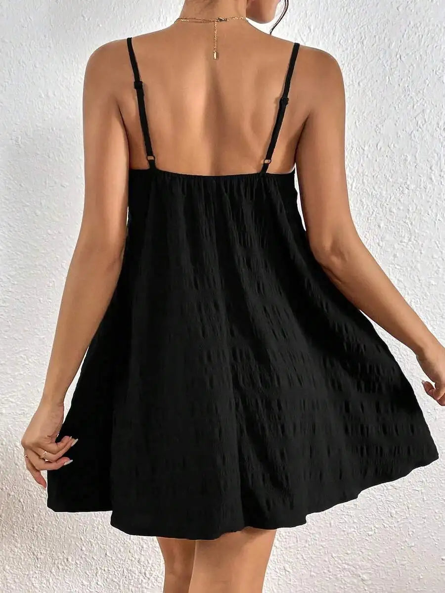 Black Smocked Square Neck Sleeveless A-Line Dress Summer Casual