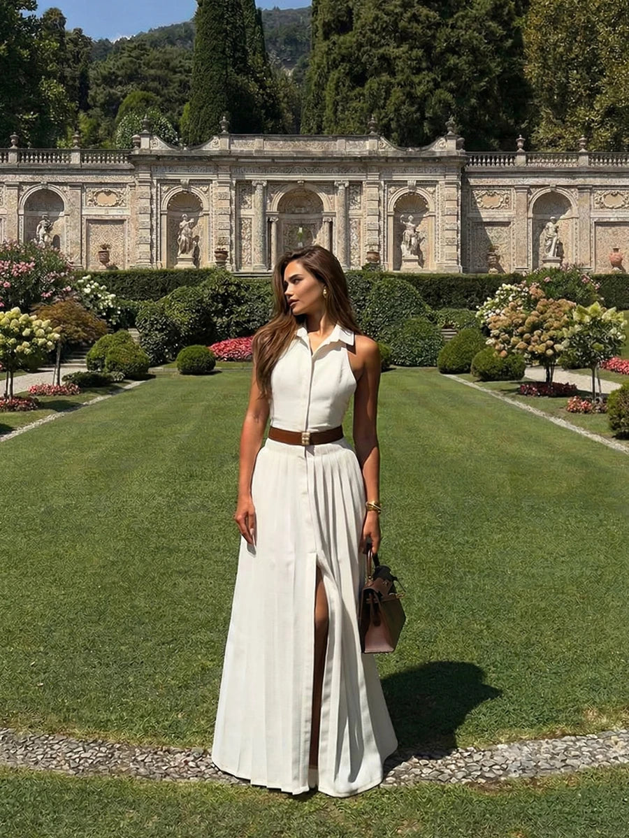 Elegant Halter Neck Maxi Dress White Linen Like For Casual Office Summer