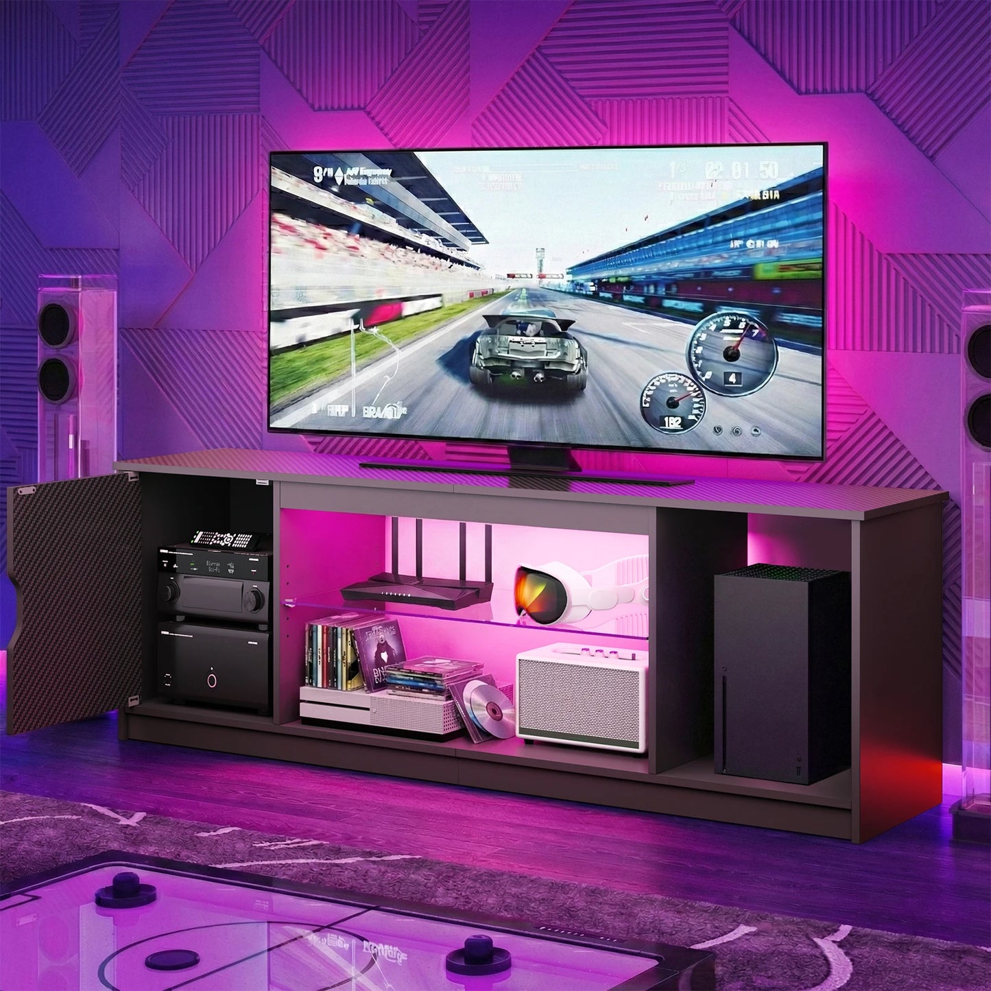 NOST&HOST 57" LED TV Stand for 55/60/65 Inch TVs - Gaming Entertainment Center with RGB Lights, Adjustable Glass Shelves & Cabinet for PS5