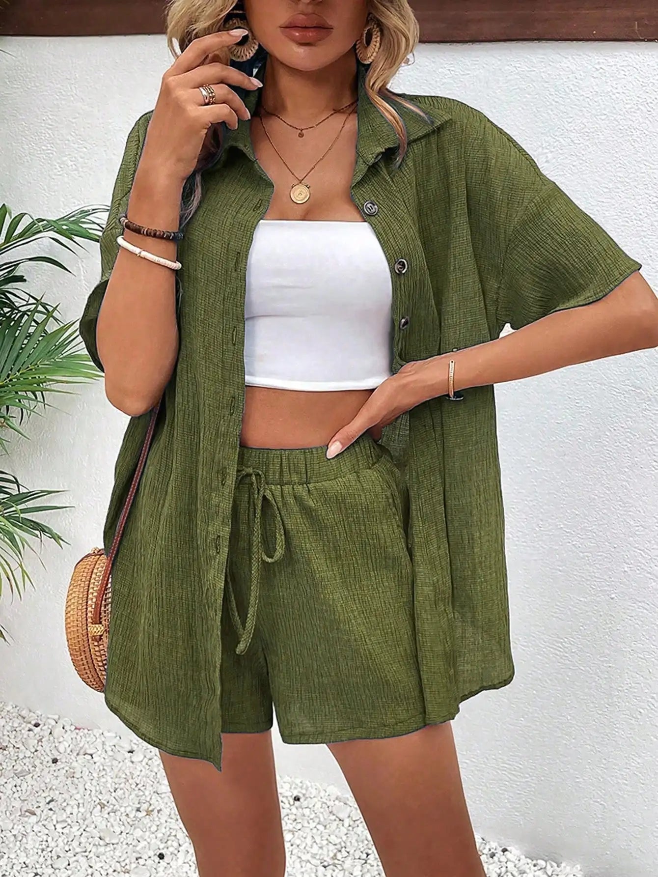 Women's Front Button Collar Short Sleeve Blouse And Tie Waist Shorts Set