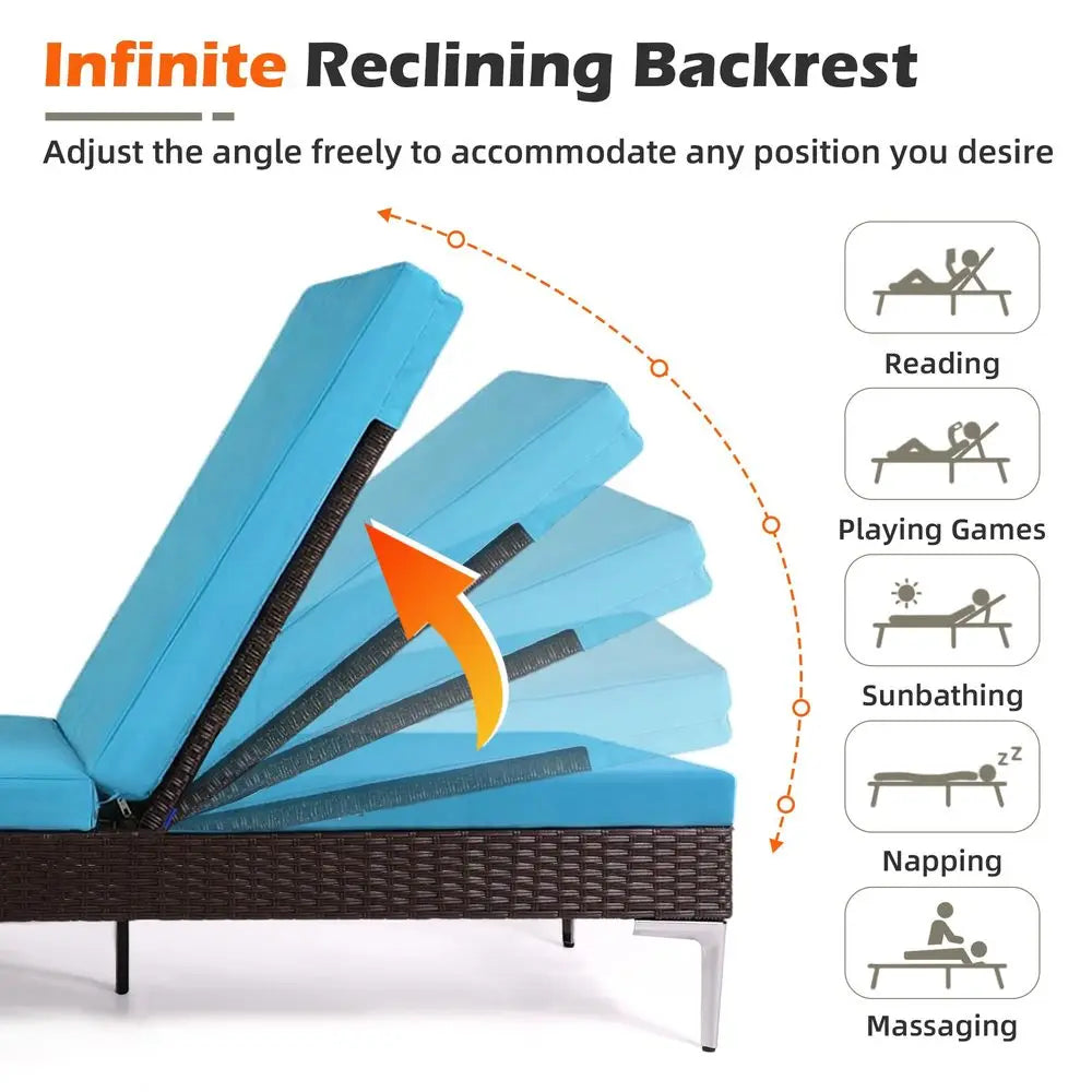 Outdoor Lounge Chairs Set of 2, Patio Wicker Chaise Lounge with Removable Cushion, Rattan Pool Sunbathing Recliners with Adjust